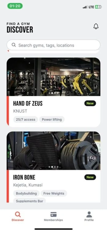 GymConnect gym discovery screen
