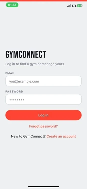 GymConnect screenshot: Login screen